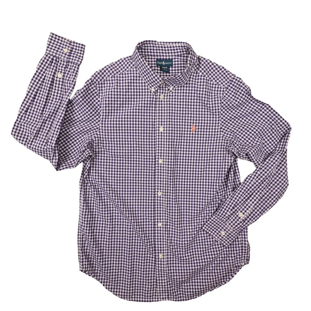 Ralph Lauren Boy's Navy‎ Blue Gingham Plaid Button Up Shirt size XL 18-20